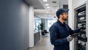 Commercial electrician servicing electrical equipment in a San Diego business