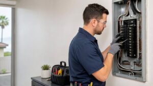Licensed electrician upgrading a residential electrical panel in San Diego