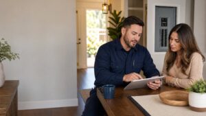 San Diego electrician reviewing an electrical repair estimate with a homeowner