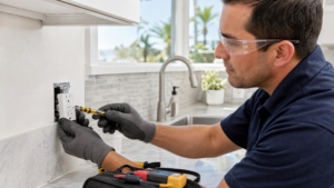 Licensed San Diego electrician installing a GFCI outlet near a kitchen countertop for home electrical safety