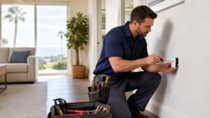 Residential electrician replacing an outlet in a San Diego home