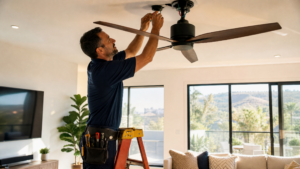 Licensed San Diego electrician installing a modern ceiling fan in a bright living room