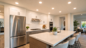Modern San Diego kitchen with professionally installed LED recessed lighting providing warm even illumination