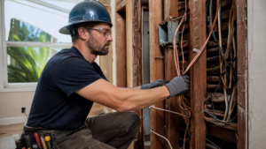 Licensed electrician pulling new copper wiring through wall studs during a whole house rewiring project in San Diego
