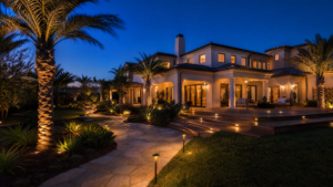 Beautiful San Diego home exterior at dusk with professionally installed landscape lighting illuminating pathways and palm trees