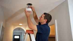 Licensed electrician on a ladder installing a hardwired smoke detector on a white ceiling in a San Diego home