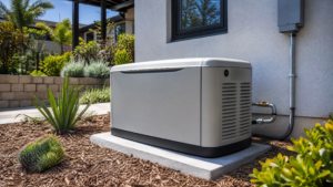 Newly installed residential standby generator on a concrete pad next to a modern San Diego home exterior