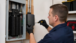 Licensed electrician installing a whole-house surge protector device at a residential electrical panel in San Diego