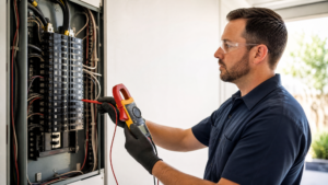 Licensed San Diego electrician diagnosing a repeatedly tripping circuit breaker with a clamp meter