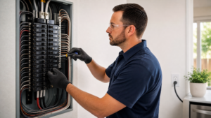 Licensed electrician installing a dedicated electrical circuit in a modern San Diego home panel